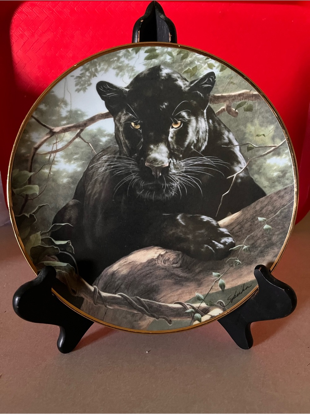 The Franklin Mint "Silent  Watch" Black Panther 8" Collector Plate With Gold